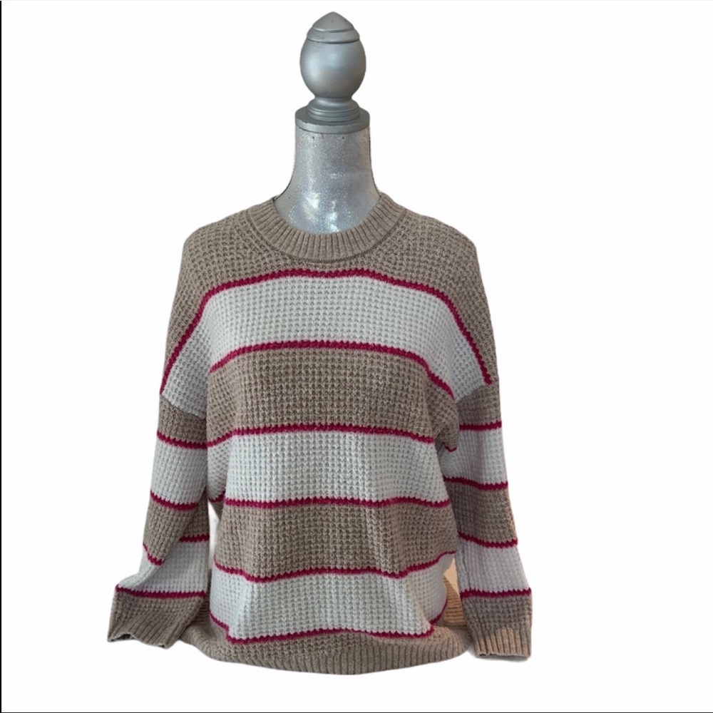 American Eagle Cozy Pink Tan Cream Striped Sweater